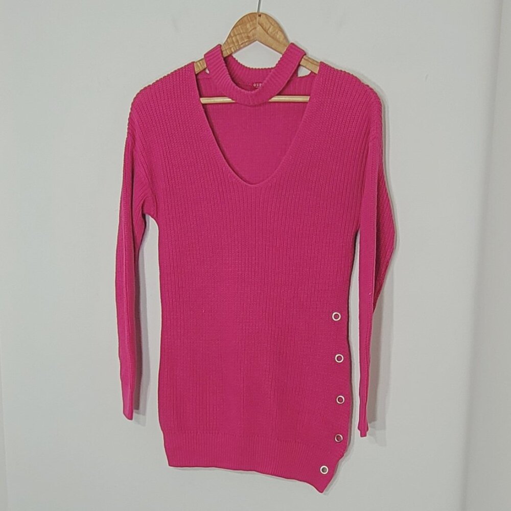 Guess Pink Cotton Blend Long Sleeve Ribbed Knit Pullover Sweater Open Side Tie S